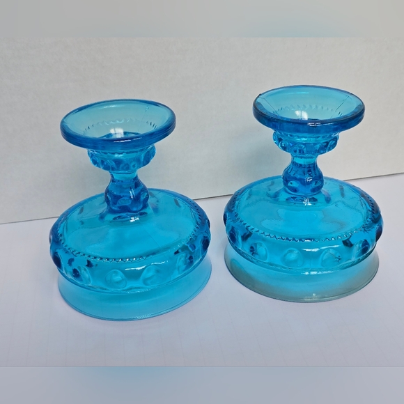 Vibrant Indiana Kinds Crown Thumbprint Compote Aqua Blue Glasses Ice Cream Bowls - Picture 4 of 6